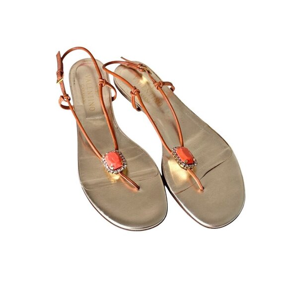 VTG Valentino Gold Thong Flat Sandals Sz.10 Coral Rhinestones Boho Designer - Picture 16 of 16